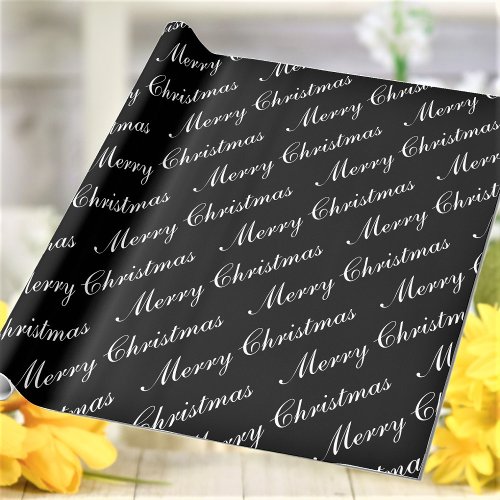 Merry Christmas Script Text Black and White Wrapping Paper