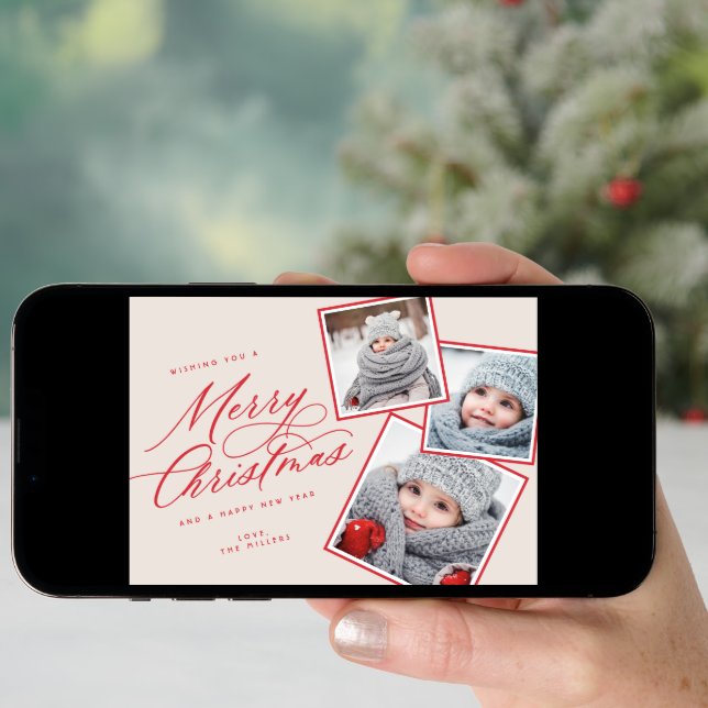Merry Christmas Script Titled Multi-Photo  Blush Holiday Card (Front Digital)
