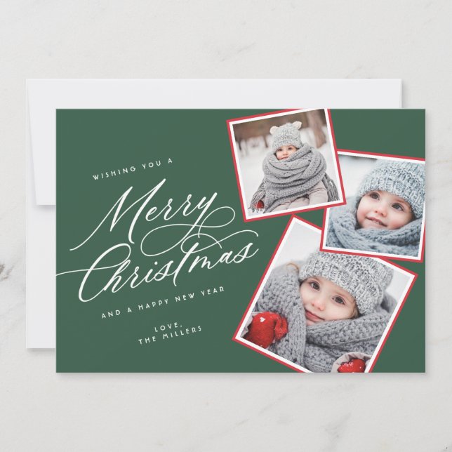 Merry Christmas Script Titled Multi-Photo Green Holiday Card (Front)