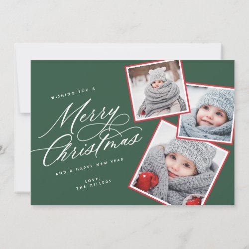 Merry Christmas Script Titled Multi_Photo Green Holiday Card