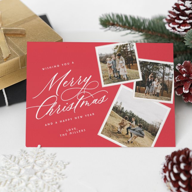Merry Christmas Script Titled Multi-Photo  RED Holiday Card (Creator Uploaded)
