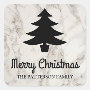 Merry Christmas Script Tree Faux Marble Pattern Square Sticker