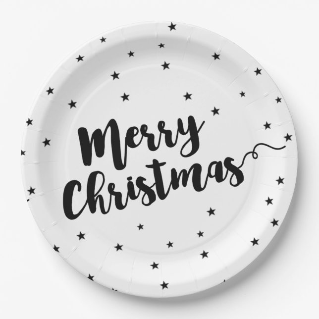 Merry Christmas - Script typography and stars Paper Plates (Front)