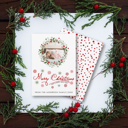 Merry Christmas script typography and wreath photo Holiday Card