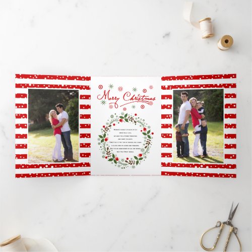 Merry Christmas script typography and wreath photo Tri_Fold Holiday Card