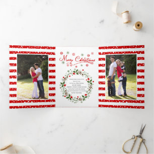 Merry Christmas script typography and wreath photo Tri-Fold Holiday Card