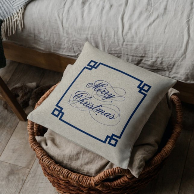 Merry Christmas Script Typography Beige Linen Throw Pillow (Creator Uploaded)