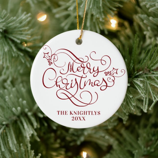 Merry Christmas Script Typography Name Red White Ceramic Ornament (Tree)