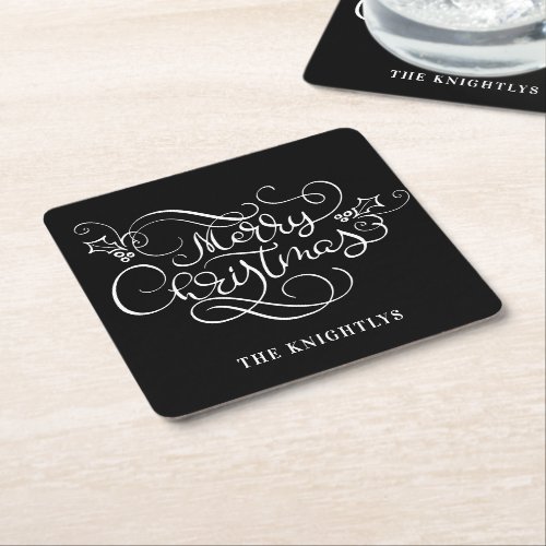 Merry Christmas Script Typography Your Color Square Paper Coaster