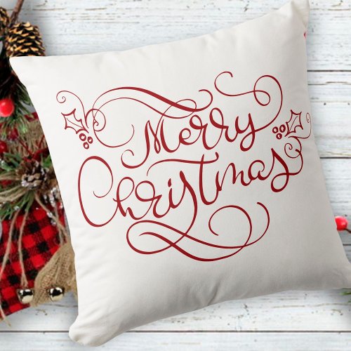 Merry Christmas Script Typography Your Color Throw Pillow