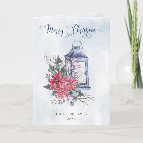Merry Christmas Script wWatercolor Poinsettias Holiday Card