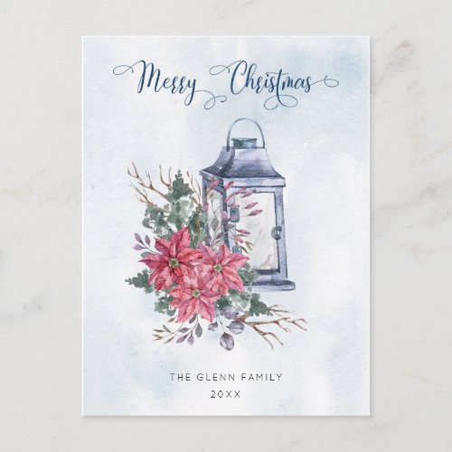 Merry Christmas Script wWatercolor Poinsettias Postcard