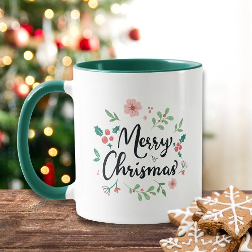 Merry Christmas Script Watercolor Floral Mug
