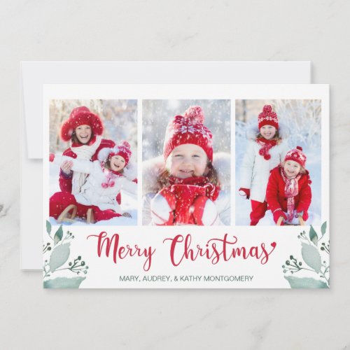 Merry Christmas Script Watercolor Leaf 3 Photo Holiday Card