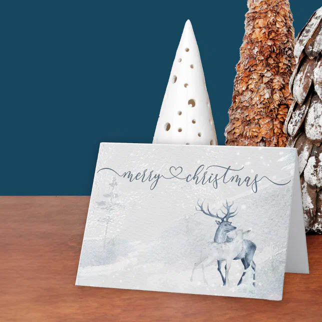 Merry Christmas Script Watercolor Stag and Deer Holiday Card | Zazzle