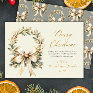 Merry Christmas Script Watercolor Wreath Gold Bow Holiday Card