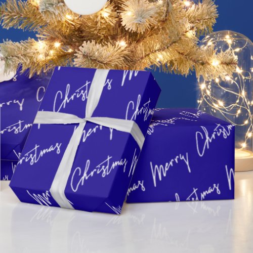 Merry Christmas Script White Minimalism Blue Navy Wrapping Paper