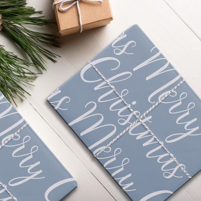 Merry Christmas Script Winter Dusty Blue Holiday Wrapping Paper Sheets (Creator Uploaded)