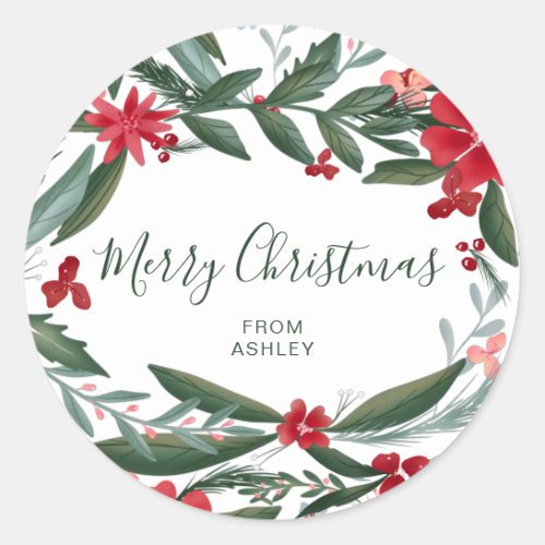Merry Christmas script winter floral red green Classic Round Sticker