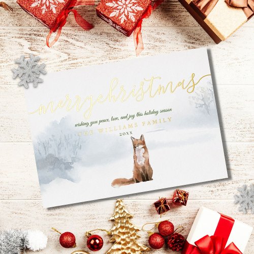 Merry Christmas Script Winter Fox Gold Foil Holiday Card