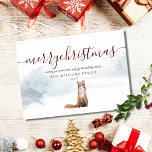 Merry Christmas Script Winter Fox Holiday Card<br><div class="desc">Personalize your name and date on this chic holiday card featuring a fox on a winter scene woodland background. Designed by Thisisnotme©</div>
