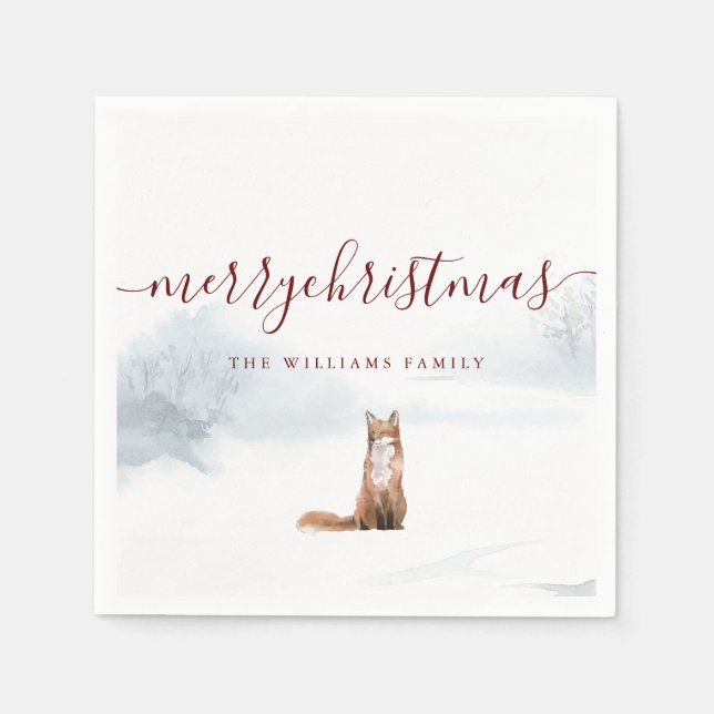 Merry Christmas Script Winter Fox Holiday Napkins (Front)