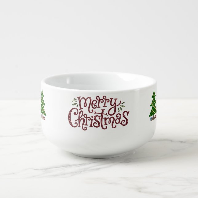 Merry Christmas Script with Christmas Trees Soup Mug (Front)