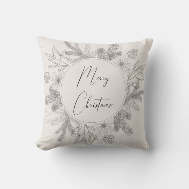 Merry Christmas Script Wreath Blush & Gray Modern Throw Pillow (Front)