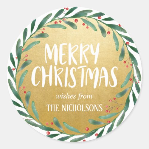 Merry Christmas Script  Wreath  Faux Gold Foil Classic Round Sticker