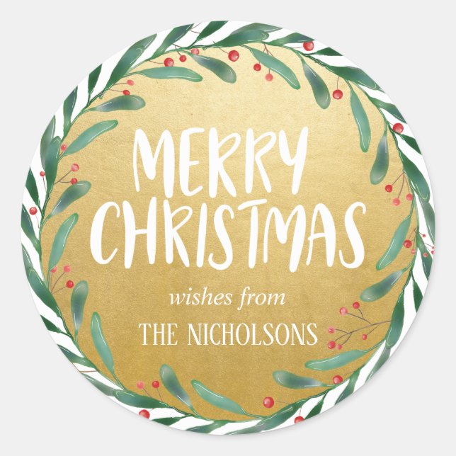Merry Christmas Script | Wreath | Faux Gold Foil Classic Round Sticker (Front)