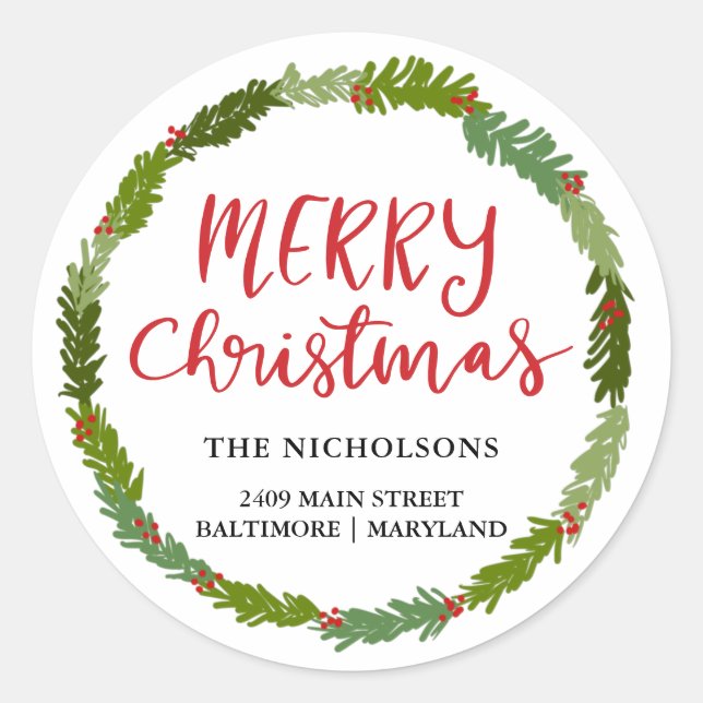 Merry Christmas Script | Wreath Return Address   Classic Round Sticker (Front)