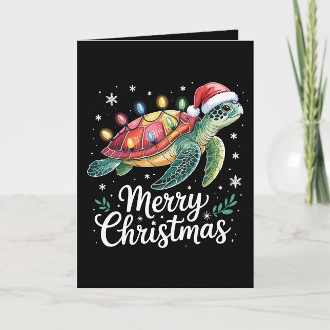 Merry Christmas Sea Turtle Santa Hat String Lights Card (Front)