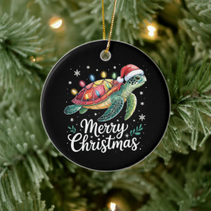 Merry Christmas Sea Turtle Santa Hat String Lights Ceramic Ornament
