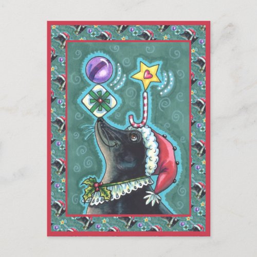 MERRY CHRISTMAS SEAL BALANCING GIFTS CANDY CANE POSTCARD