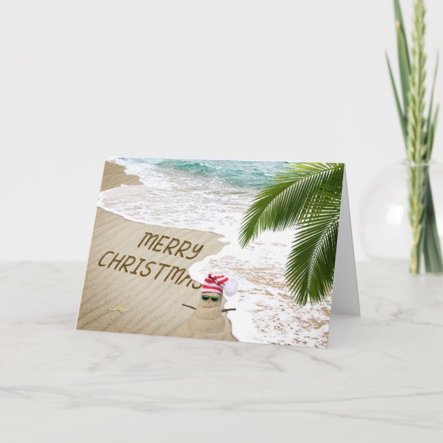Merry Christmas Seashore with Sand Man Holiday Card (Front)