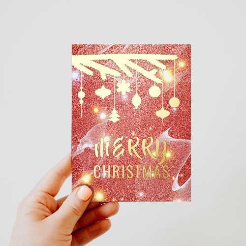 Merry Christmas Seasonal Festive Red Glitter Gold  Foil Holiday Postcard