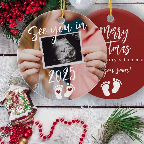 Merry Christmas see you in 2025 photo pregnancy Ceramic Ornament