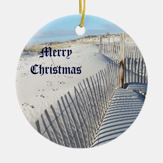 Merry Christmas Shadows, Sand Dunes, and Fences Ceramic Ornament (Front)
