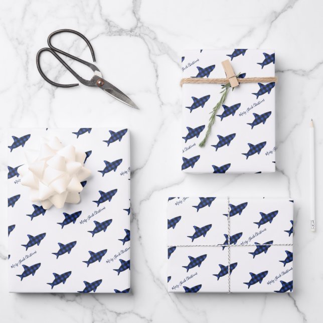 Merry Christmas Shark Blue Black Buffalo Plaid Wrapping Paper Sheets (Front)