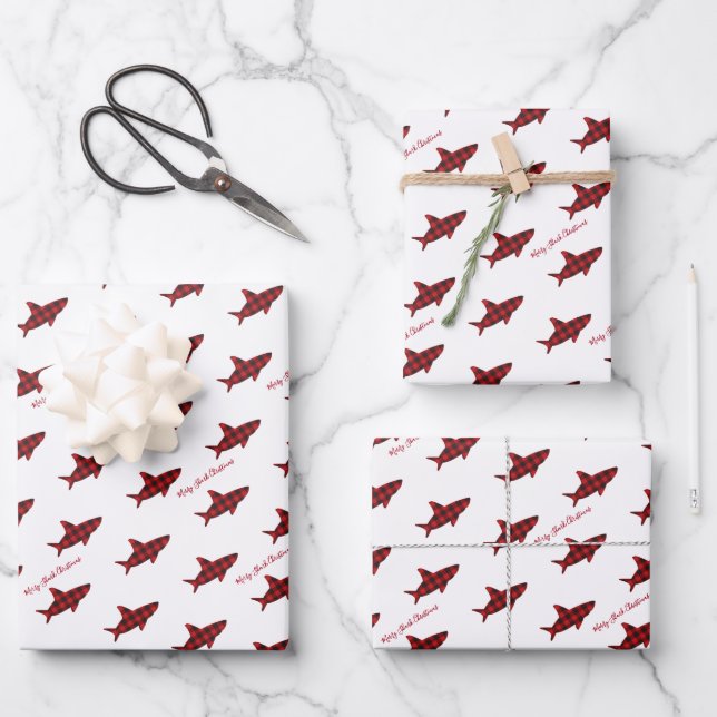Merry Christmas Shark Red Black Buffalo Plaid Wrapping Paper Sheets (Front)