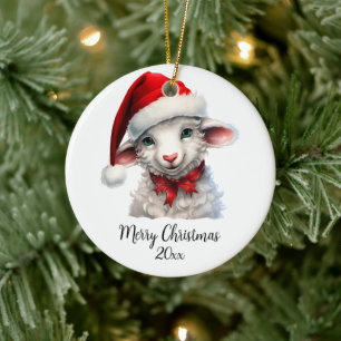 Merry Christmas Sheep in Santa Hat Red Bow Custom Ceramic Ornament