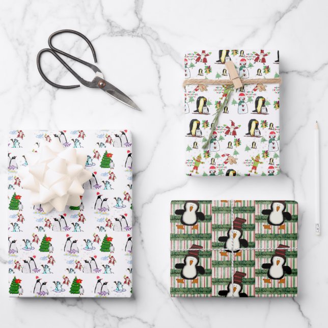 Merry Christmas Sheets Wrapping Paper Penguin  (Front)
