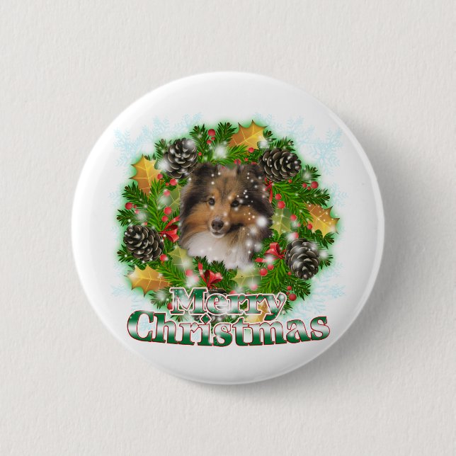 Merry Christmas Sheltie Pinback Button (Front)