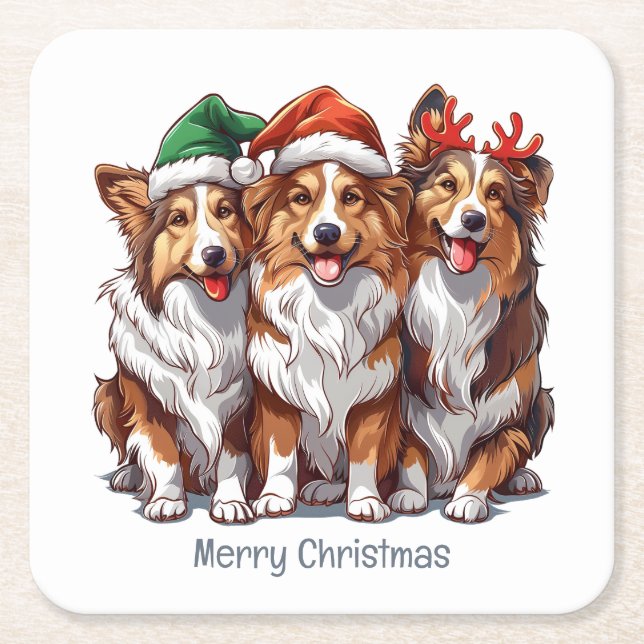 Merry Christmas Shetland Sheepdogs Square Paper Coaster (Front)