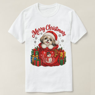 Merry Christmas Shih Tzu Puppy Santa Gift Sack T-Shirt