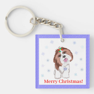 Merry Christmas Shih Tzu With Snowflake Keychain