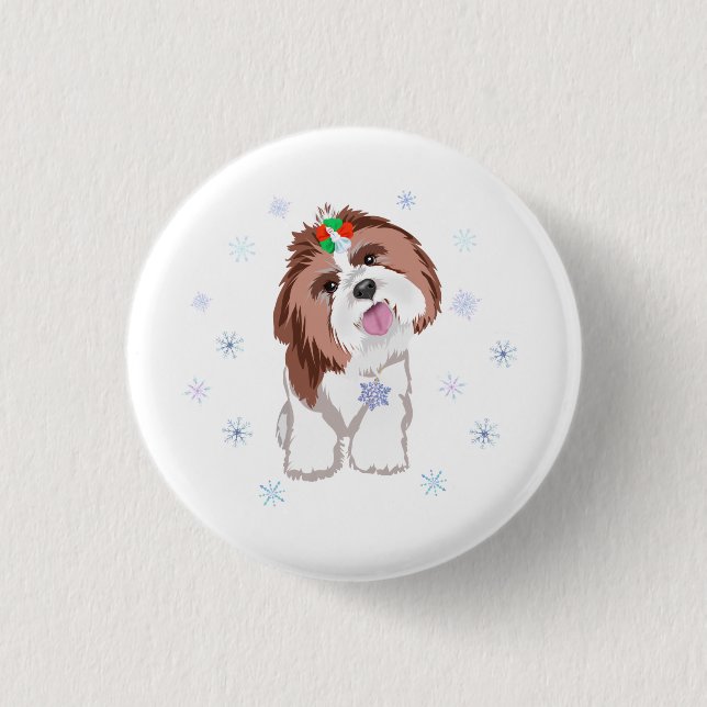 Merry Christmas Shih Tzu With Snowflake  Keychain Button (Front)