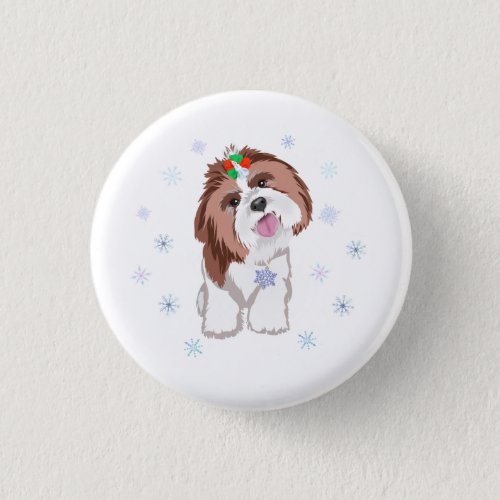 Merry Christmas Shih Tzu With Snowflake  Keychain Button