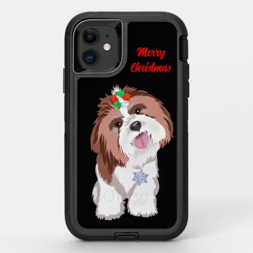 Merry Christmas Shih Tzu With Snowflake   OtterBox Defender iPhone 11 Case