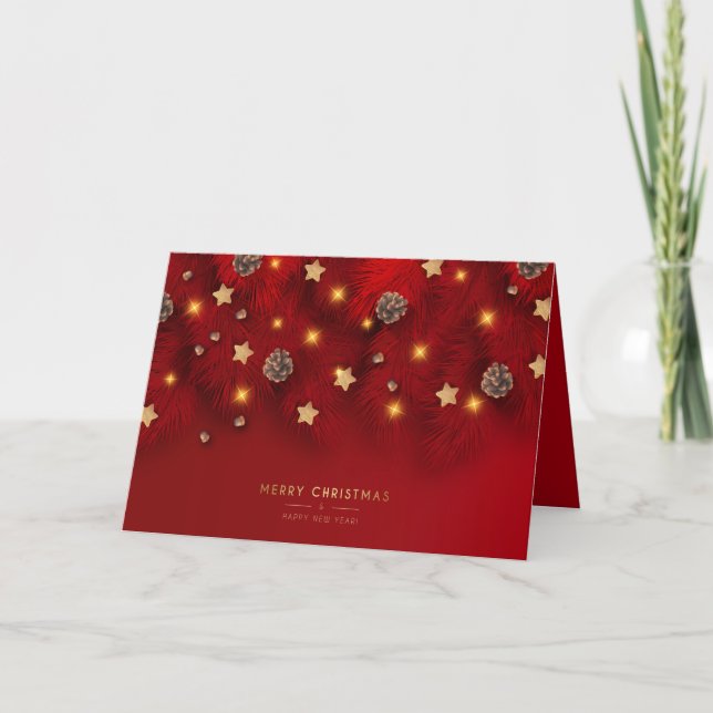 Merry Christmas Shiny Light Pine Cone Red New Year Holiday Card (Front)